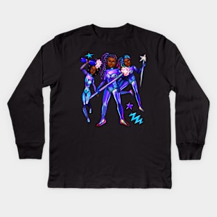 Black African American anime superhero girls from outer space brown skin black women Kids Long Sleeve T-Shirt